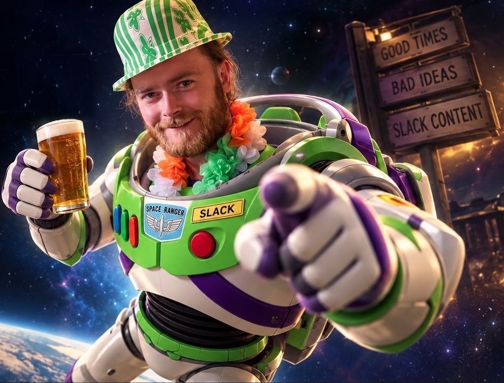 Sam Slack in his space ranger suit with a pint